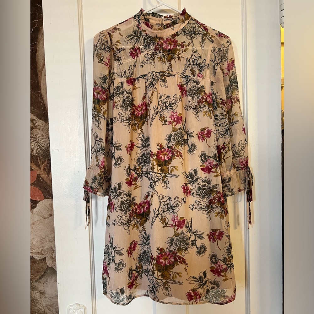 Express Romantic Floral High Neck Mandarin Collar Chiffon Dress Sz S